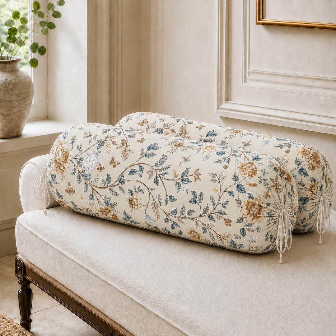 Cotton Bolster Covers Set of 2, Golden Bloom, Standard Size (32x16 Inch)