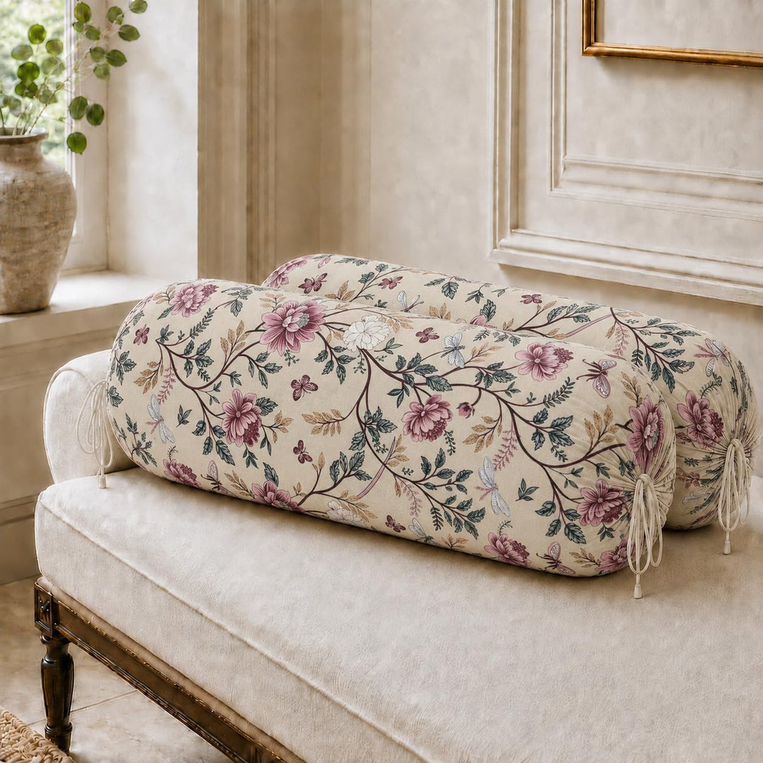 Cotton Bolster Covers Set of 2, Mauve Vine, Standard Size (32x16 Inch)