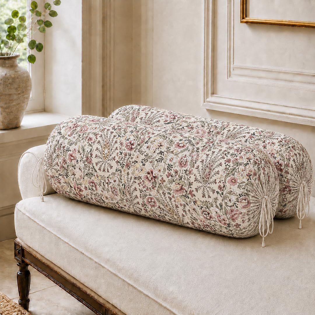 Cotton Bolster Covers Set of 2, Petal Beige, Standard Size (32x16 Inch)