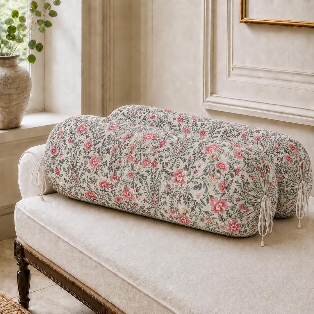 Cotton Bolster Covers Set of 2, Sage Coral, Standard Size (32x16 Inch)