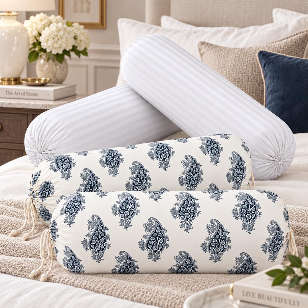 Bolster Covers with Fillers, 2 Covers and 2 Fillers, Indigo Paisley
