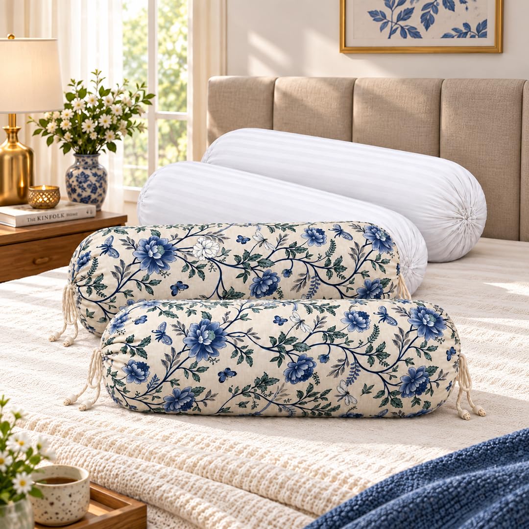 Bolster Covers with Fillers, 2 Covers and 2 Fillers, Indigo Leaf