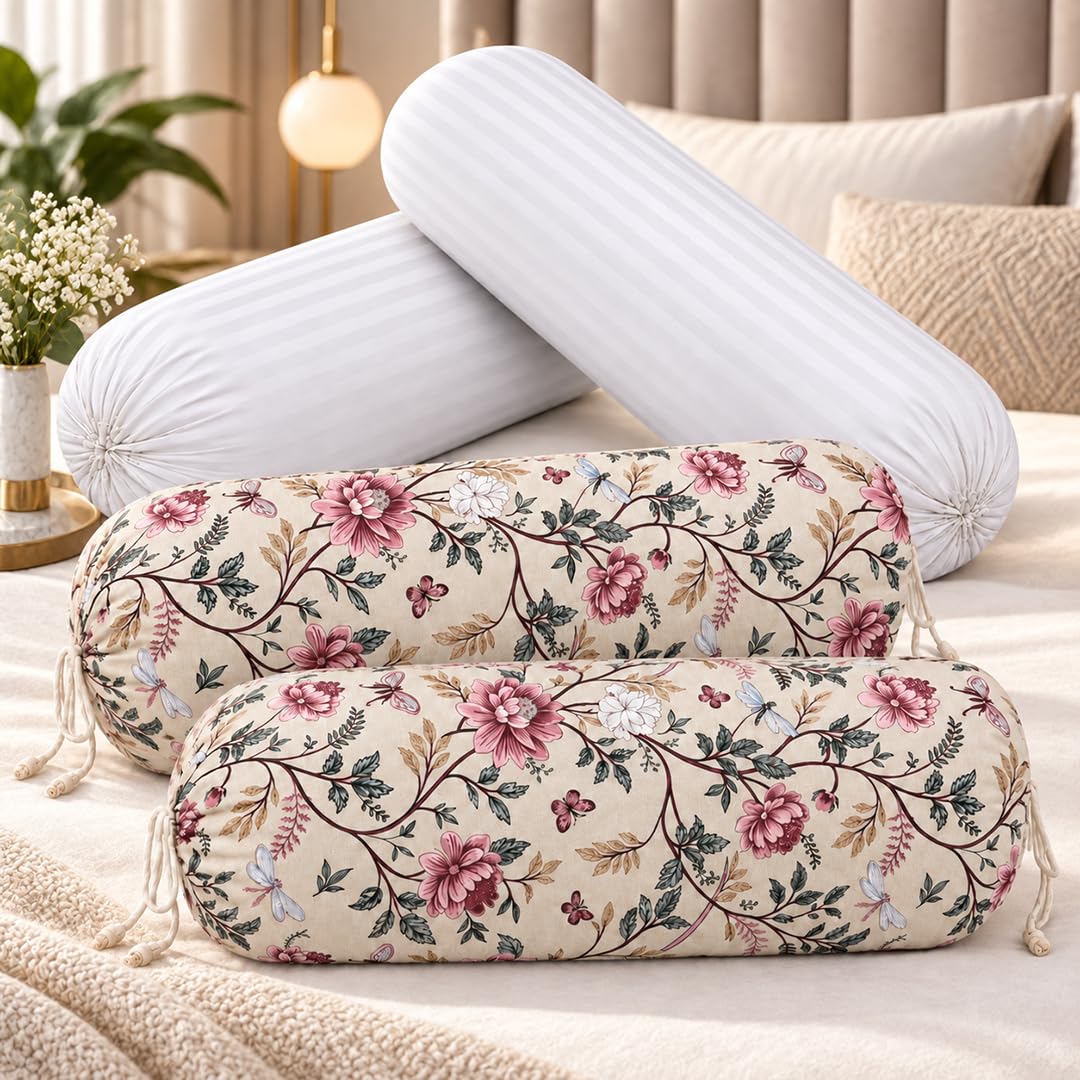 Bolster Covers with Fillers, 2 Covers and 2 Fillers, Mauve Vine