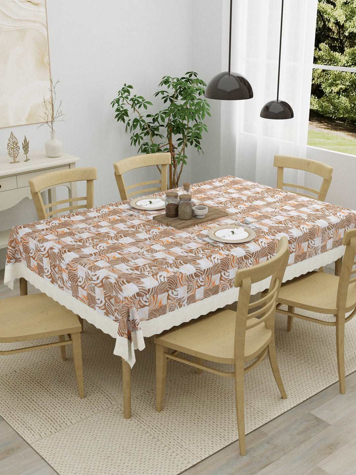 6 Seater Dining Table Cover; Material - PVC; Anti Slip; Brown & Orange Abstract