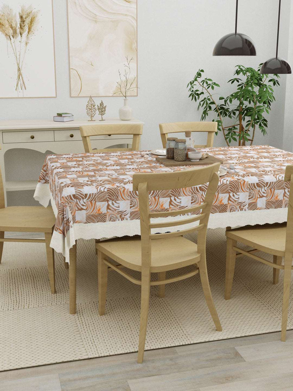 6 Seater Dining Table Cover; Material - PVC; Anti Slip; Brown & Orange Abstract