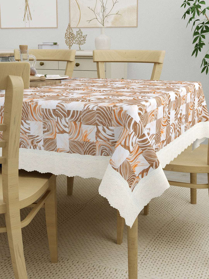 6 Seater Dining Table Cover; Material - PVC; Anti Slip; Brown & Orange Abstract