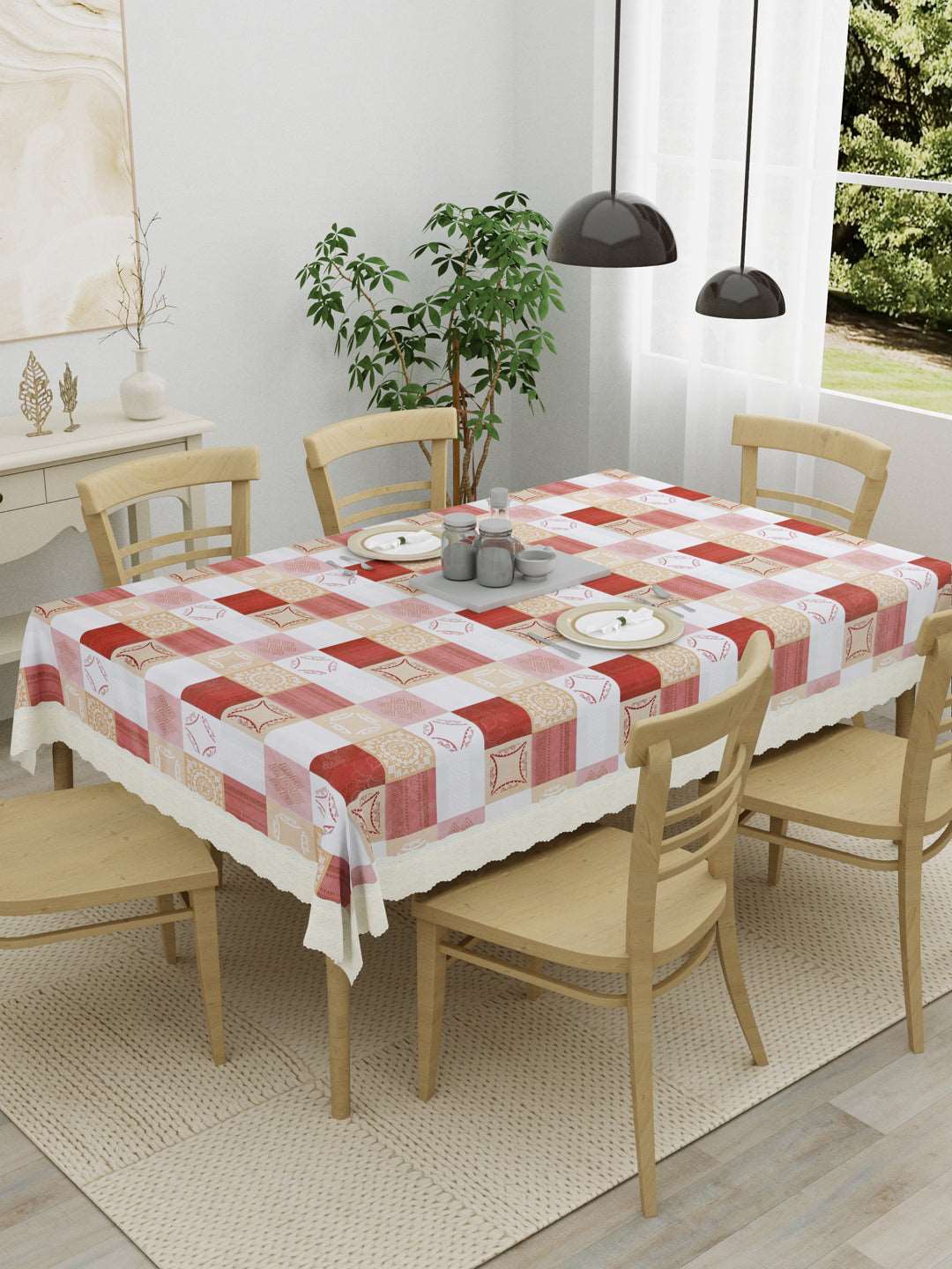 6 Seater Dining Table Cover; Material - PVC; Anti Slip; Beige & White