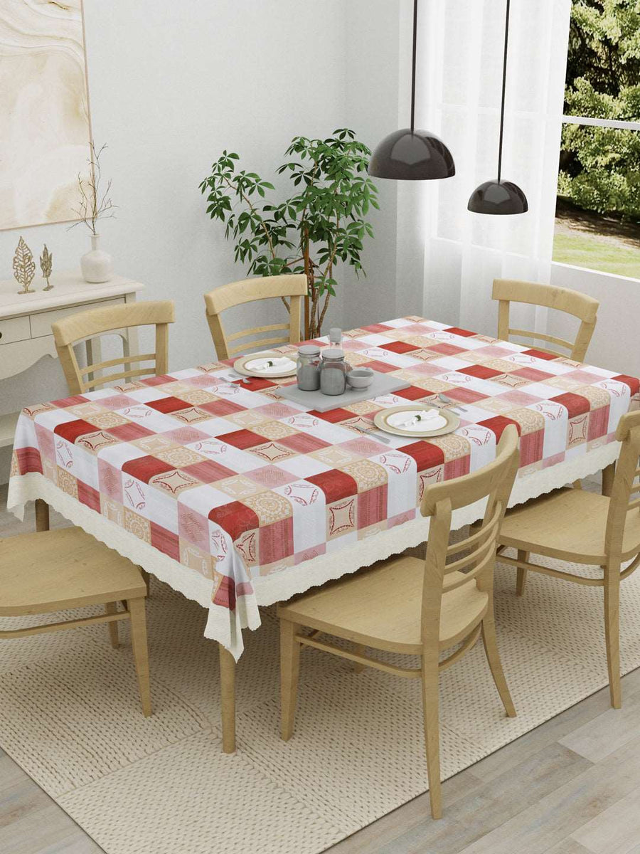 6 Seater Dining Table Cover; Material - PVC; Anti Slip; Beige & White