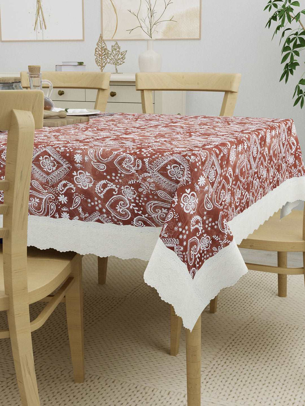 6 Seater Dining Table Cover; Material - PVC; Anti Slip; White Print On Brown