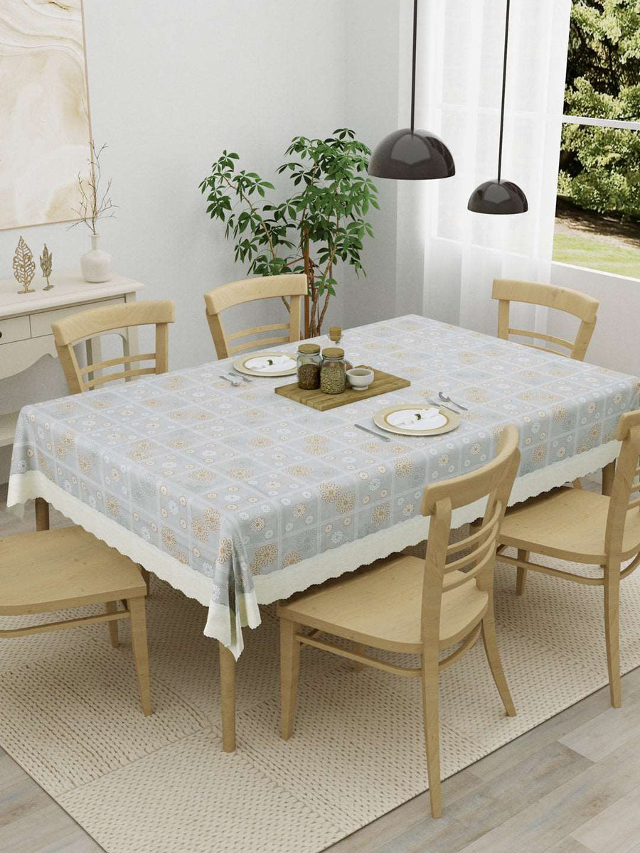 6 Seater Dining Table Cover; Material - PVC; Anti Slip; Golden Print On Grey