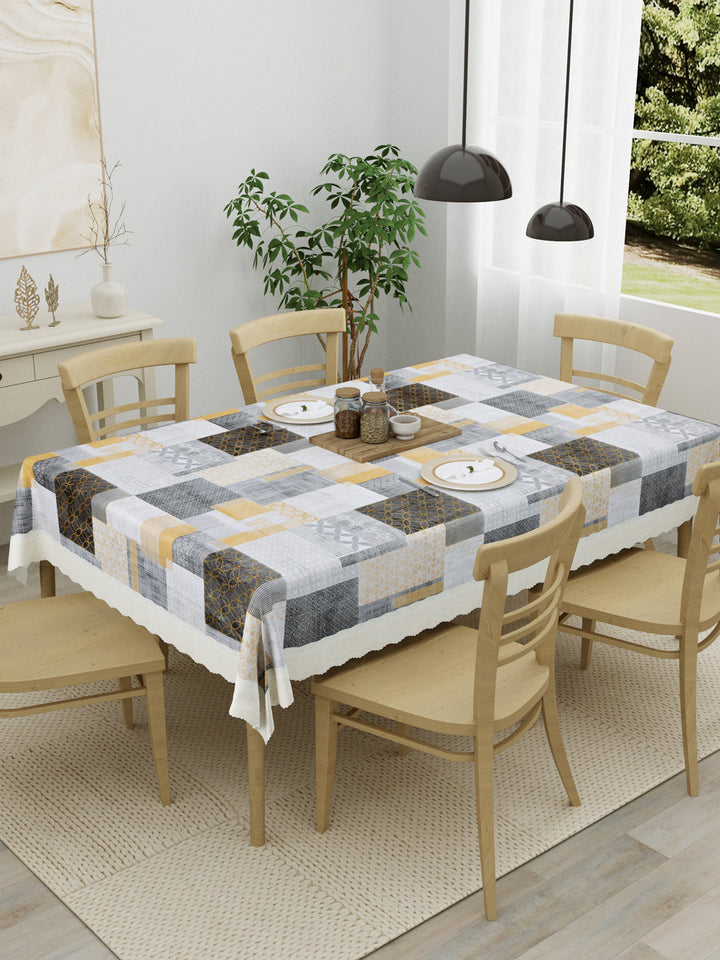 6 Seater Dining Table Cover; Material - PVC; Anti Slip; Black, Grey & Yellow Squares