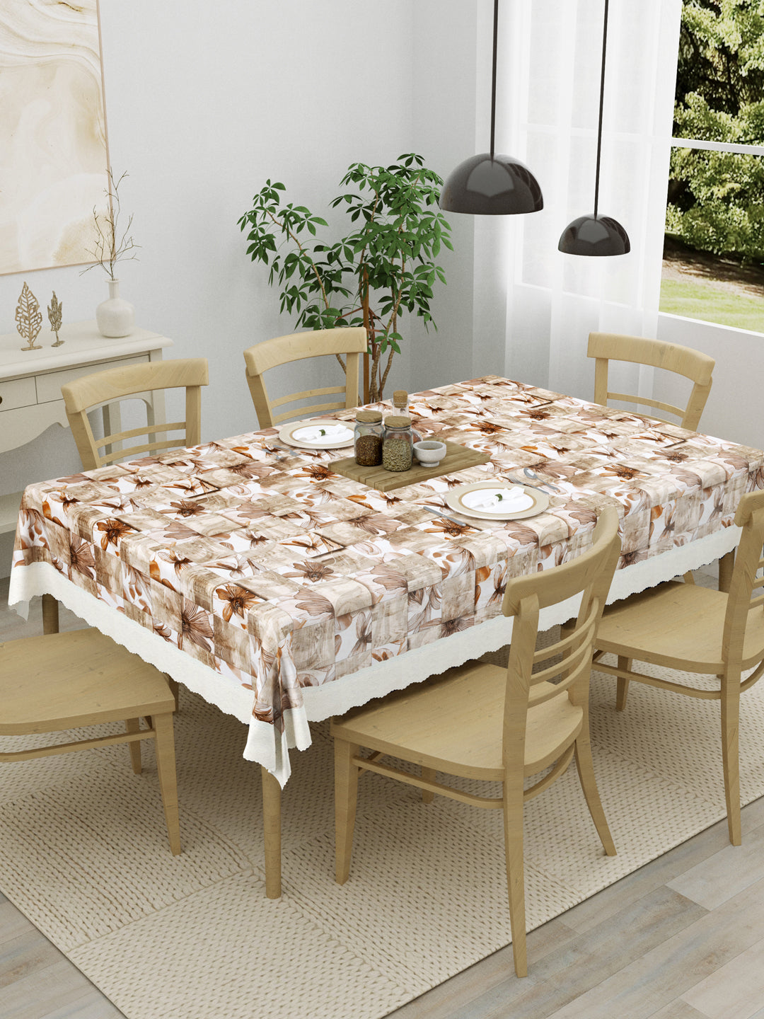 6 Seater Dining Table Cover; Material - PVC; Anti Slip; Brown Flowers & Checks