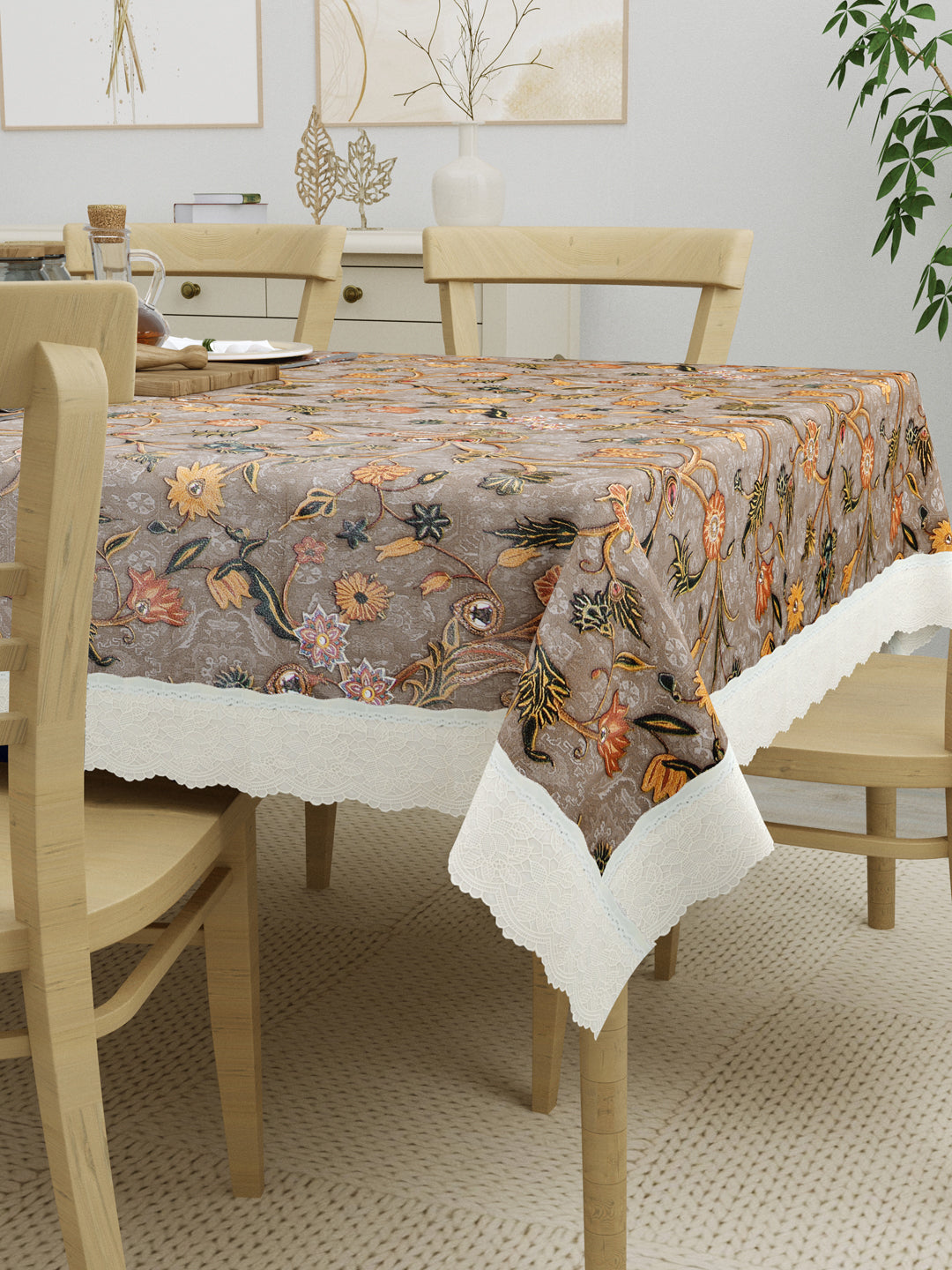 6 Seater Dining Table Cover; Material - PVC; Anti Slip; Golden Yellow Flowers