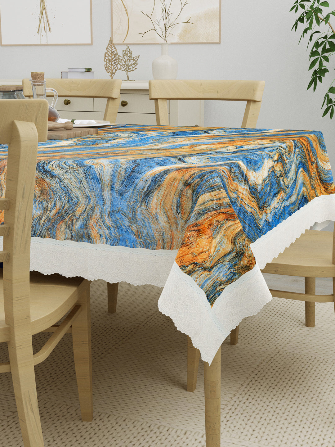 6 Seater Dining Table Cover; Material - PVC; Anti Slip; Blue & Golden Abstract