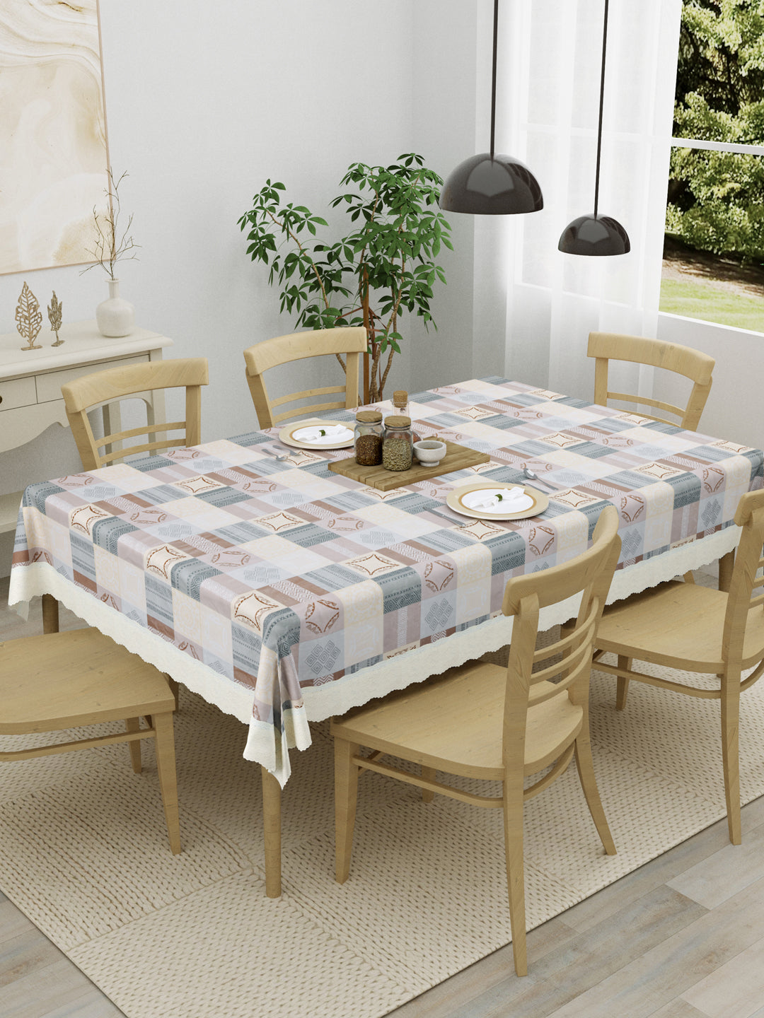 6 Seater Dining Table Cover; Material - PVC; Anti Slip; Light Color Checks