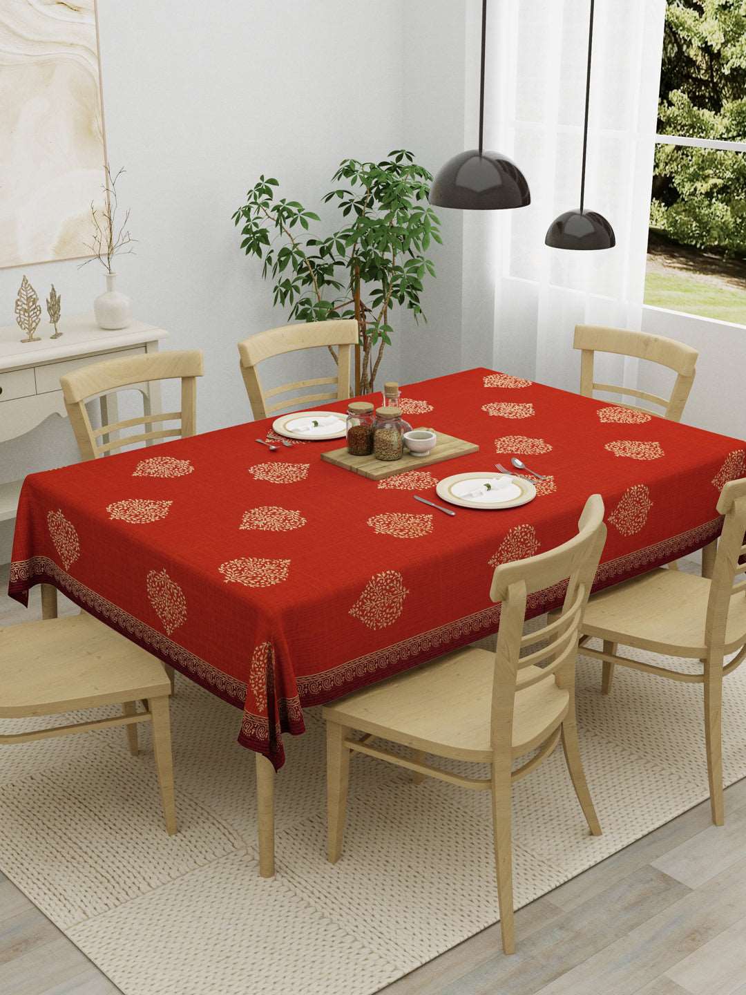 100% Cotton Table Cover 6 Seater, Golden & Red