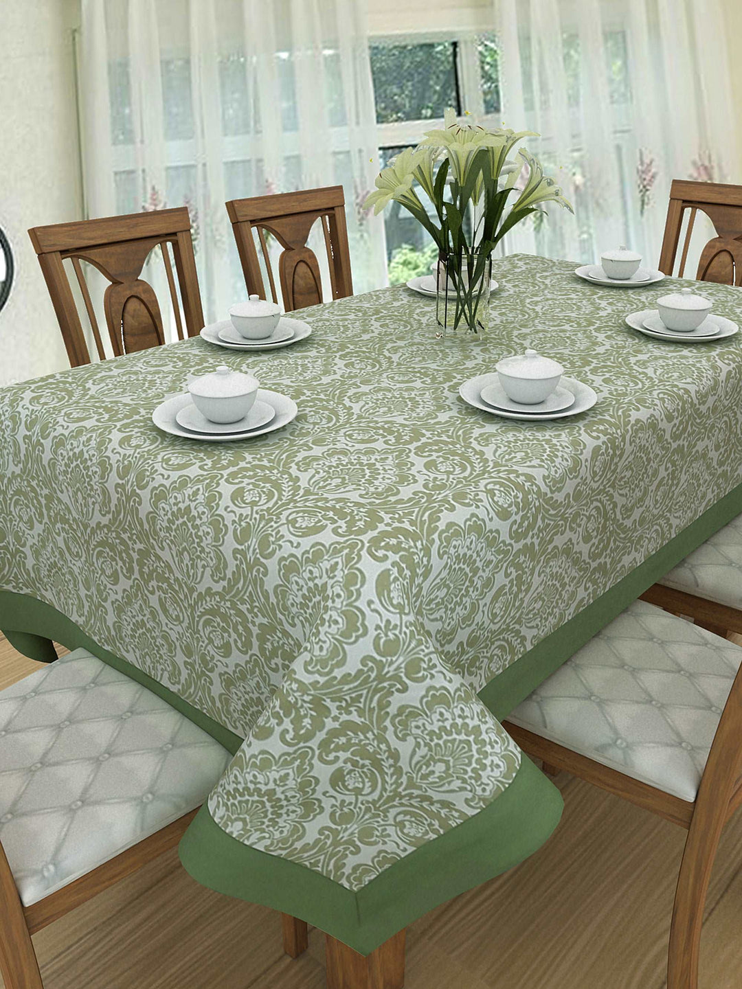 100% Cotton Table Cover 6 Seater, Green Traditional