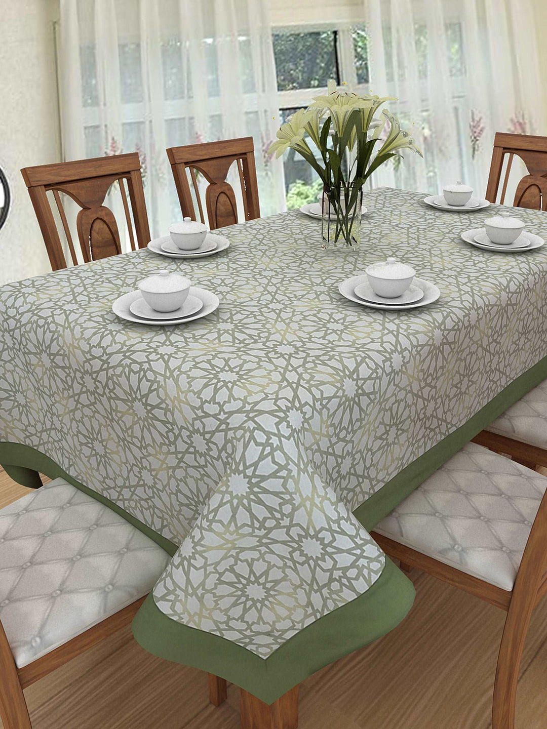 100% Cotton Table Cover 6 Seater, Geometric Green
