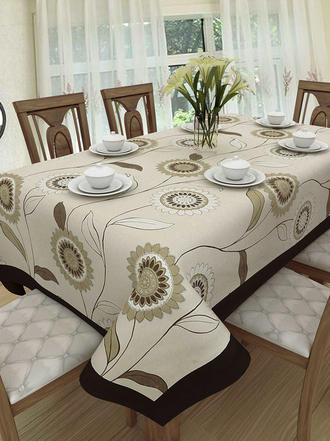 100% Cotton Table Cover 6 Seater, Sunflower On Beige