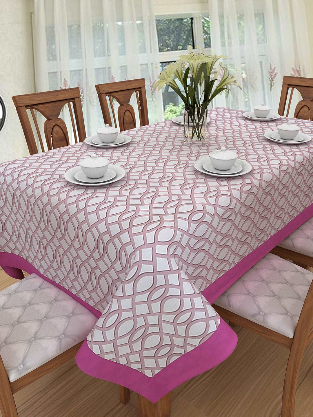 100% Cotton Table Cover 6 Seater, Abstract Pink