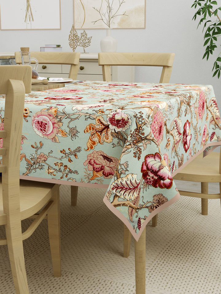 100% Cotton Table Cloth; Multicolor Flowers On Green