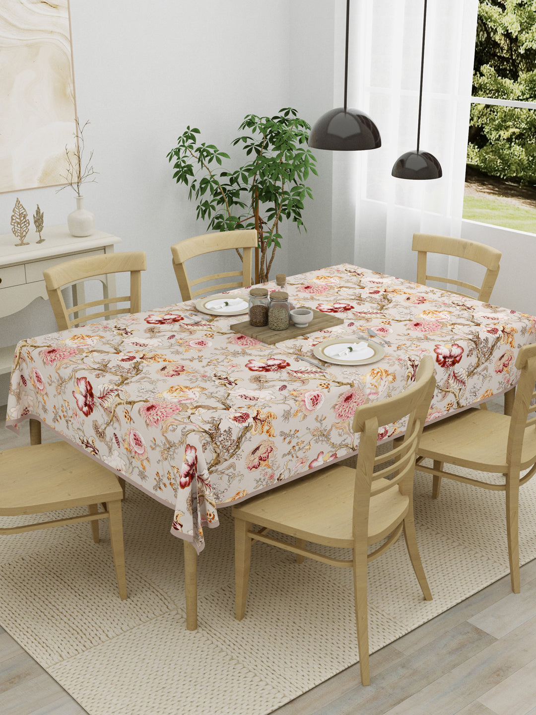 100% Cotton Table Cloth; Multicolor Flowers On Beige