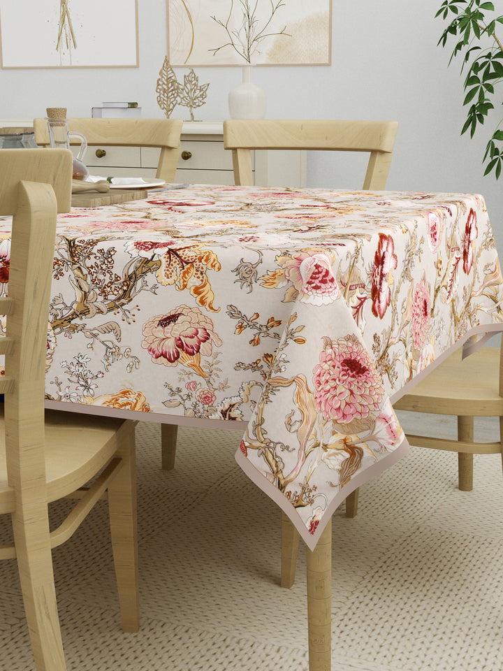 100% Cotton Table Cloth; Multicolor Flowers On Beige