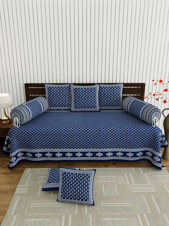 100% Cotton 8 Pcs Diwan Set; Blue