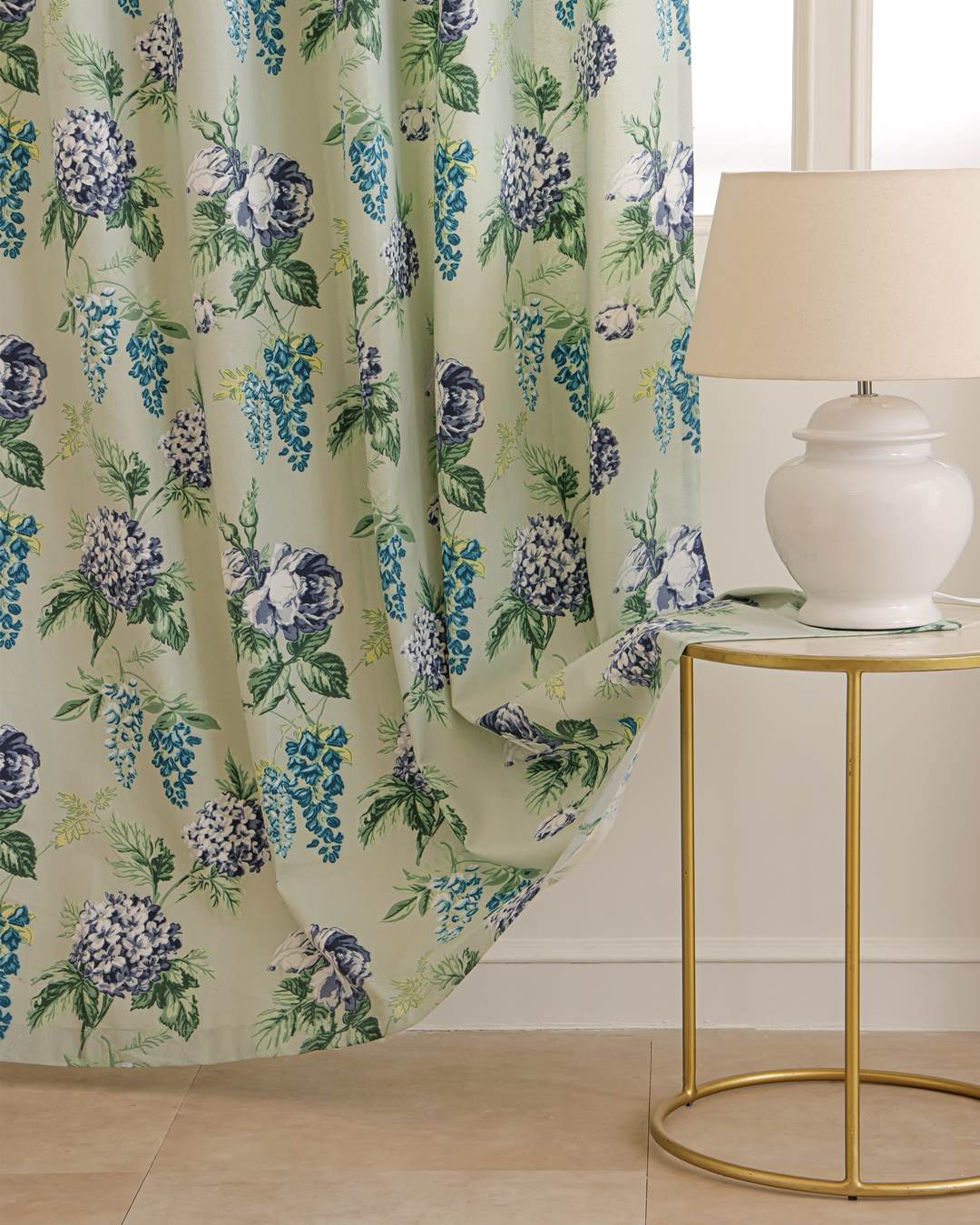 Sage green floral duck cotton window curtains, 5 feet set of 2