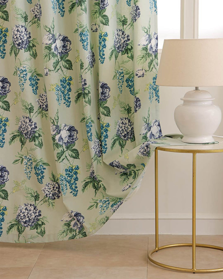 Sage green floral duck cotton window curtains, 5 feet set of 2
