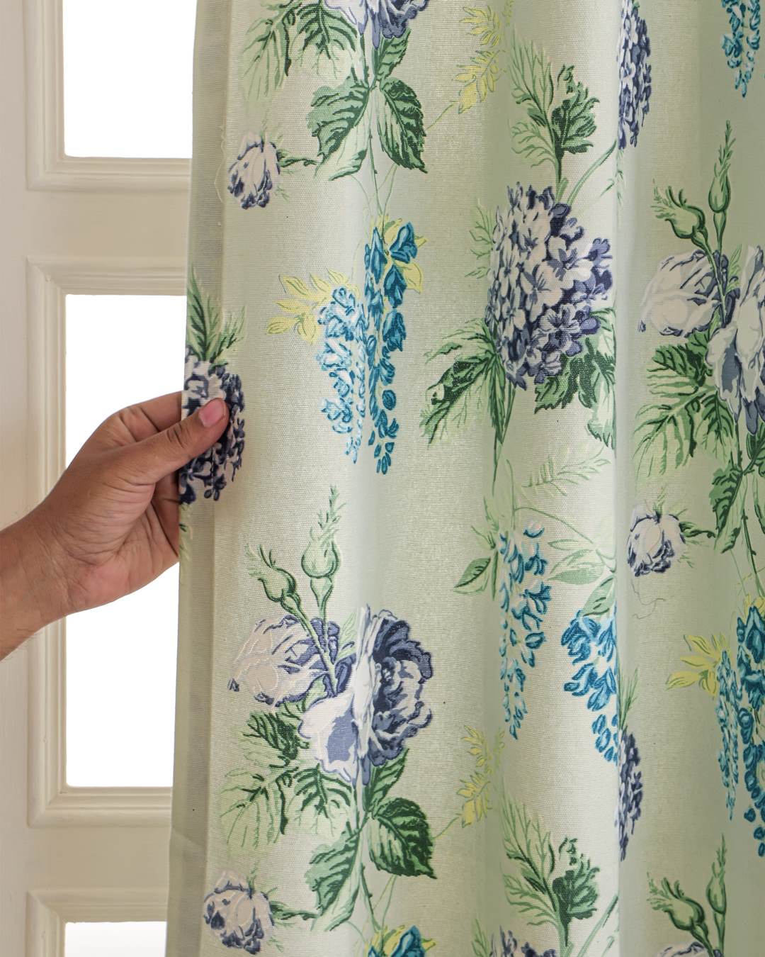 9 feet sage green floral long door drapes touching the living room floor