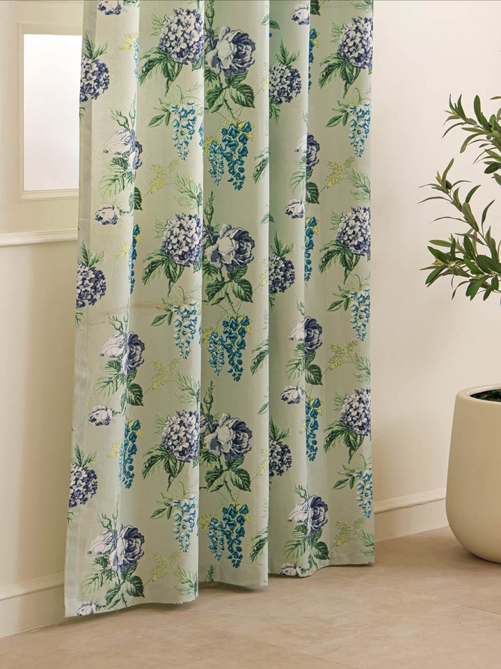 Eyelet header detail on 5 feet sage green floral window curtains