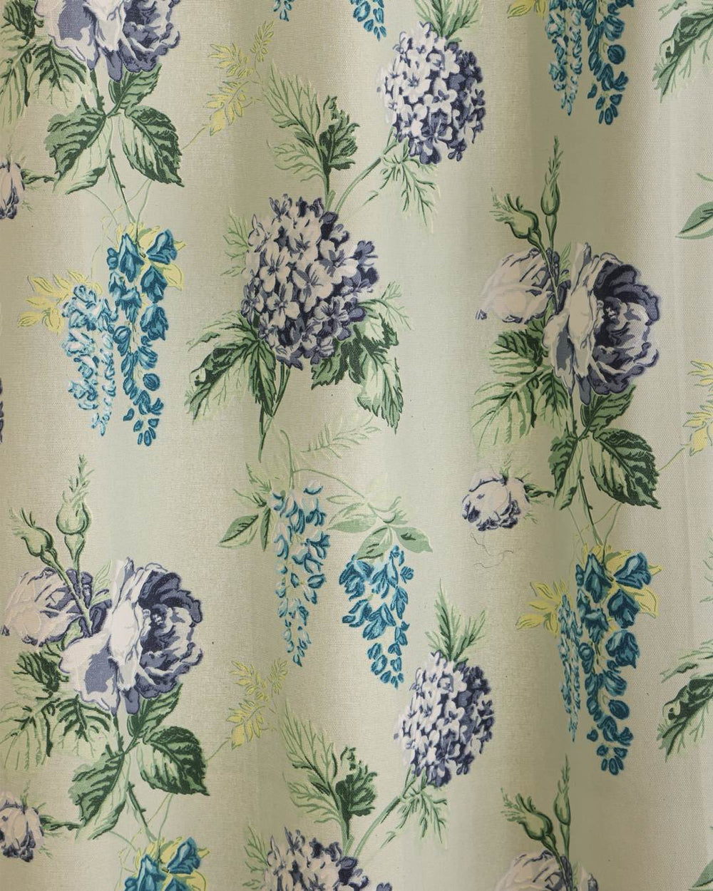 Duck cotton material close-up on sage green floral long drapes