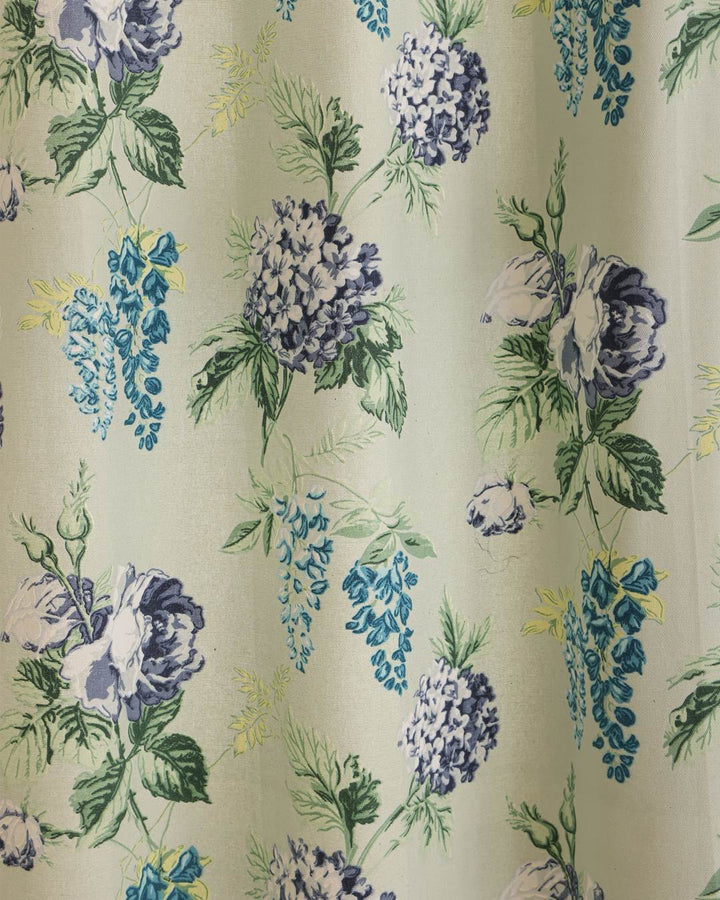 Duck cotton material close-up on sage green floral long drapes