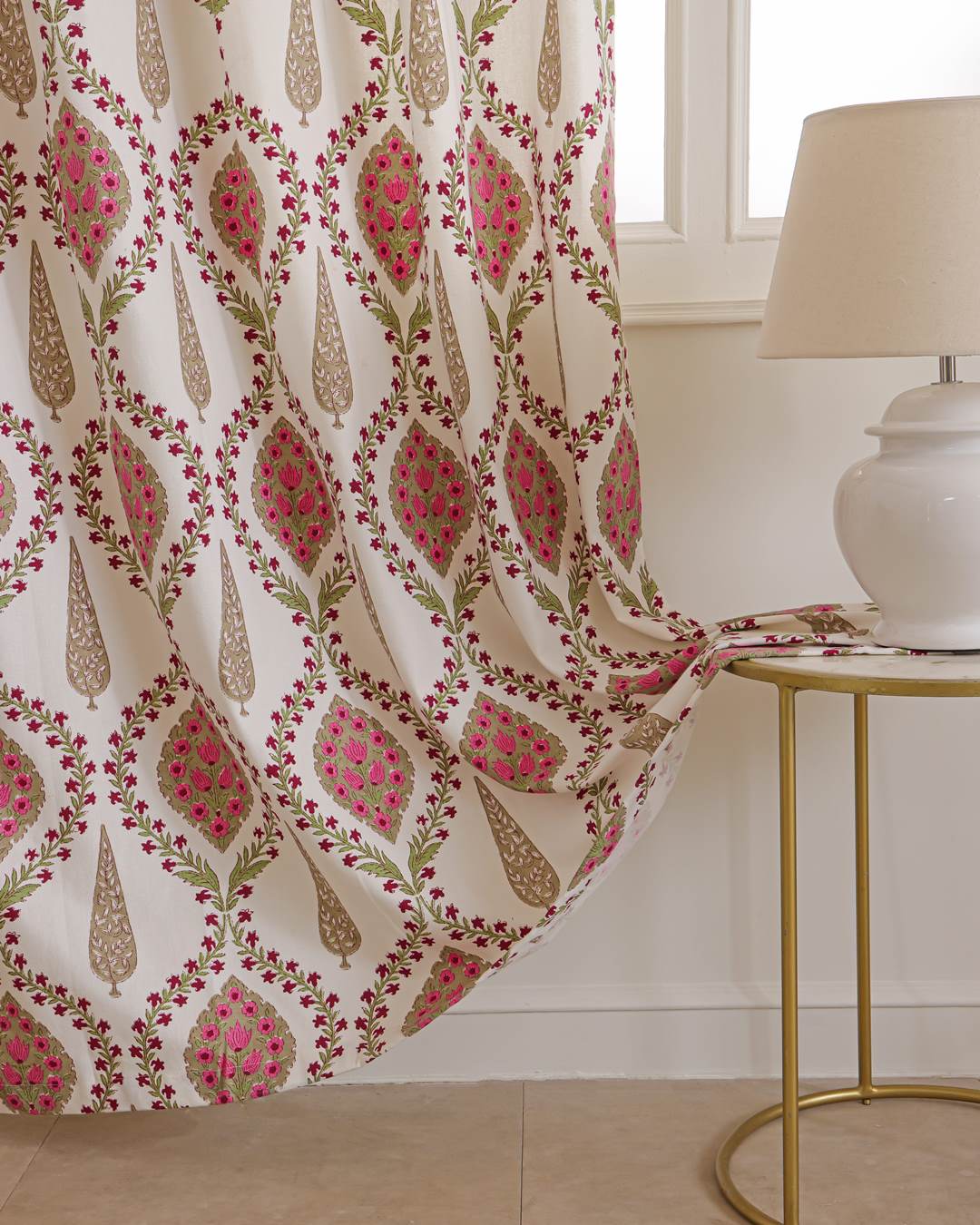 Ivory pink medallion floral long door curtains in duck cotton, 9 feet set of 2
