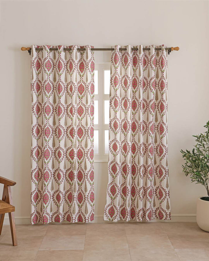 Large scale ivory pink medallion floral pattern on 9 feet curtains