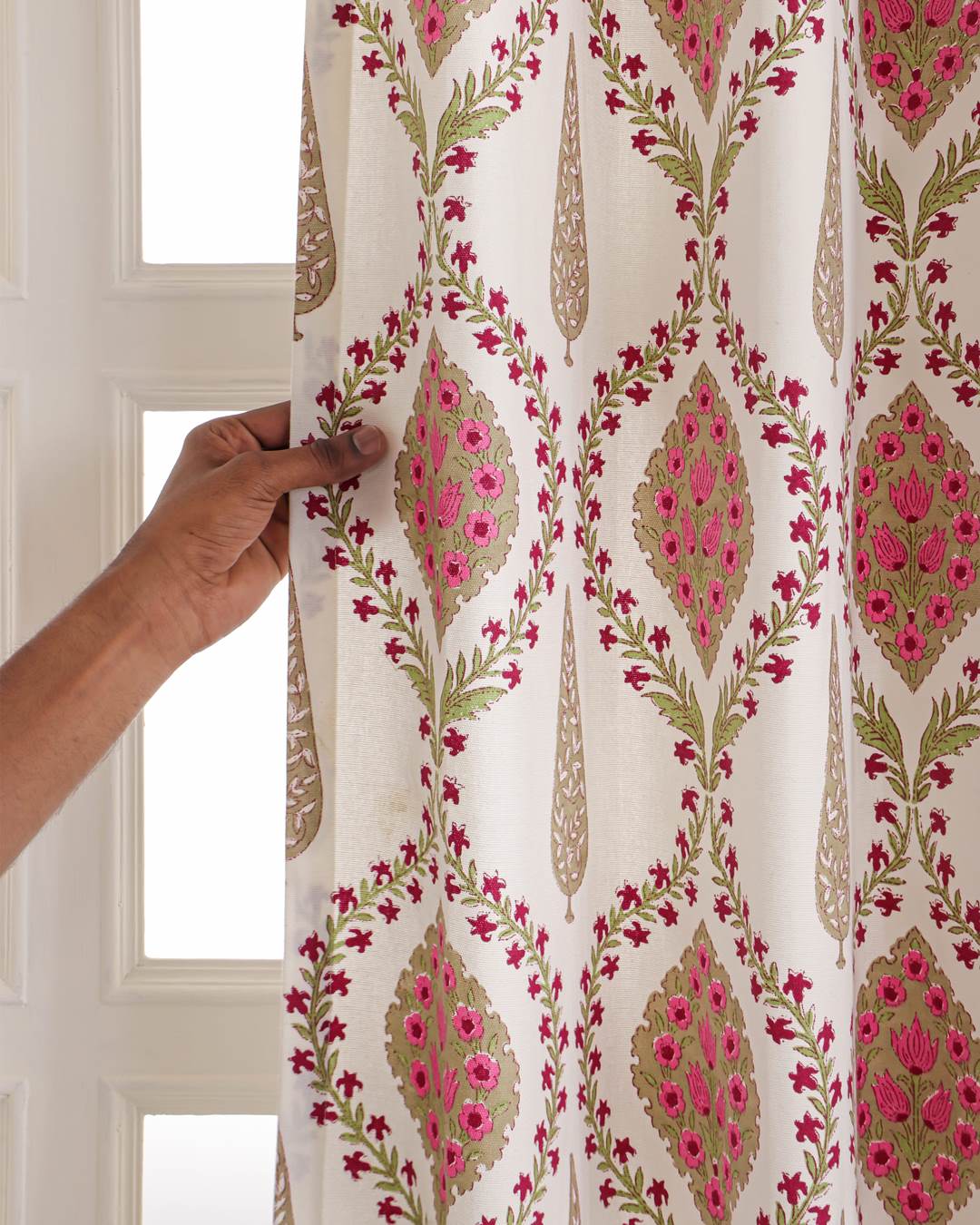 9 feet ivory pink medallion floral long drapes in a living room