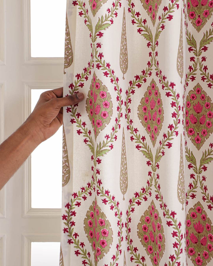 9 feet ivory pink medallion floral long drapes in a living room