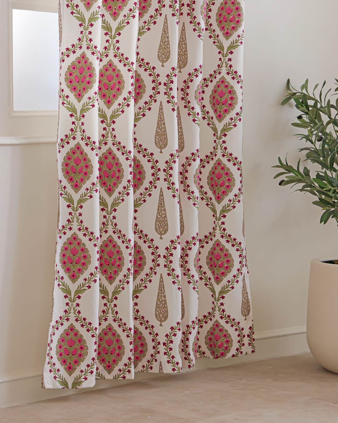 Header ring detail on 9 feet ivory pink medallion floral long door curtains
