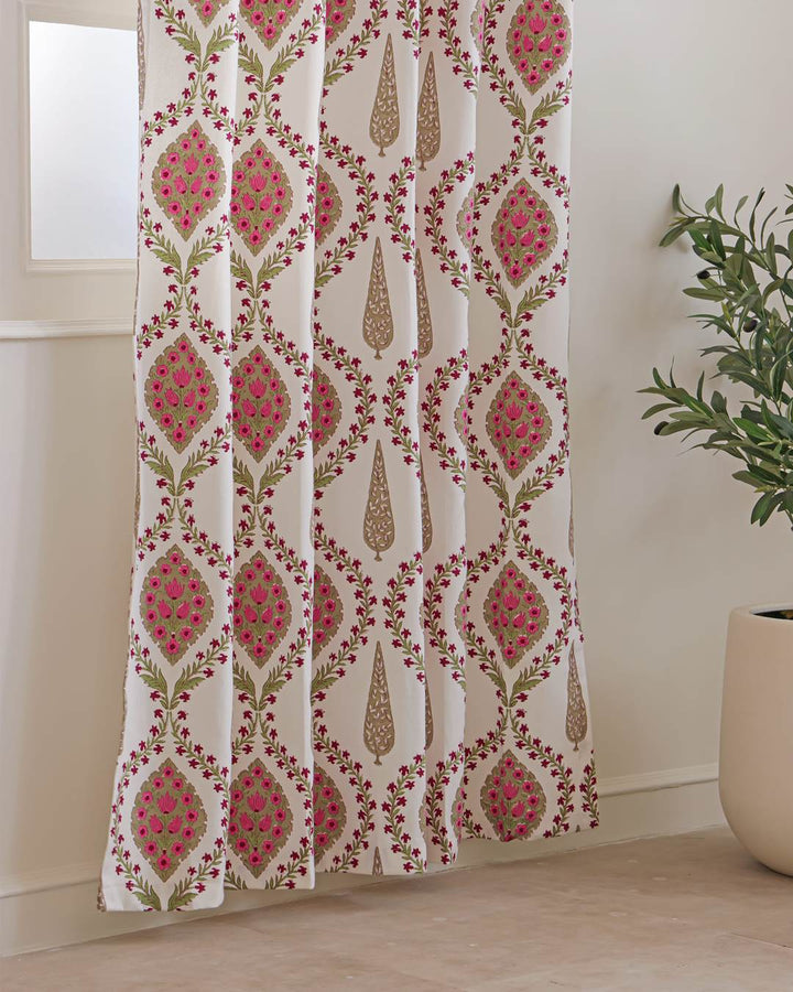 Header ring detail on 9 feet ivory pink medallion floral long door curtains