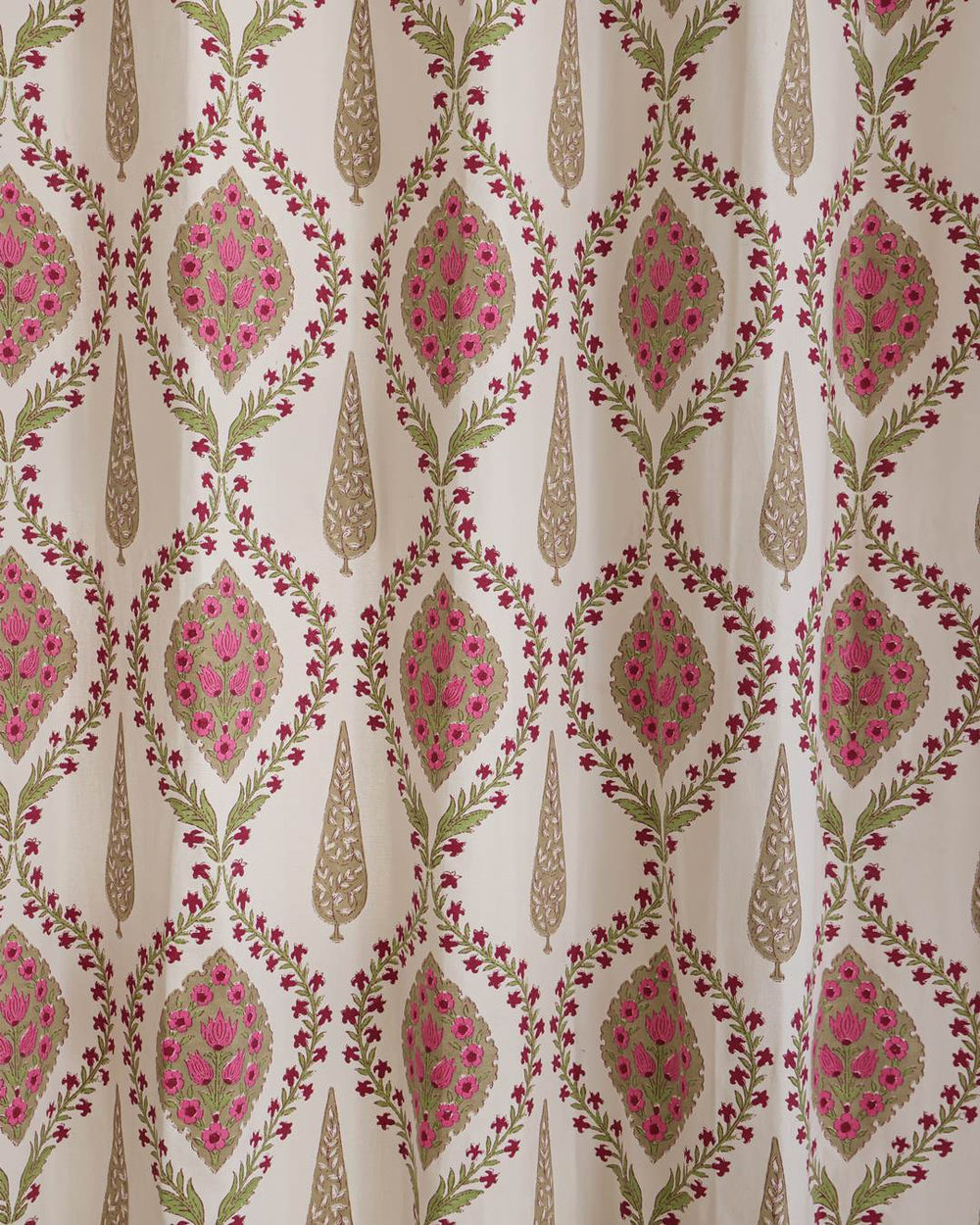 Heavy duck cotton texture on ivory pink medallion long door drapes