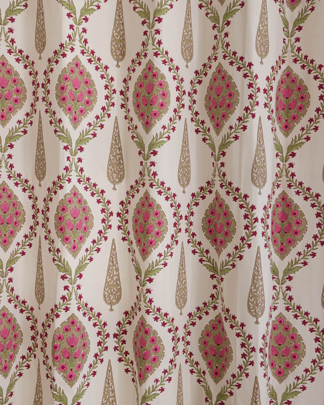 Heavy duck cotton texture on ivory pink medallion long door drapes