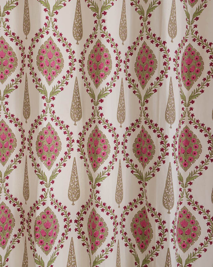 Heavy duck cotton texture on ivory pink medallion long door drapes