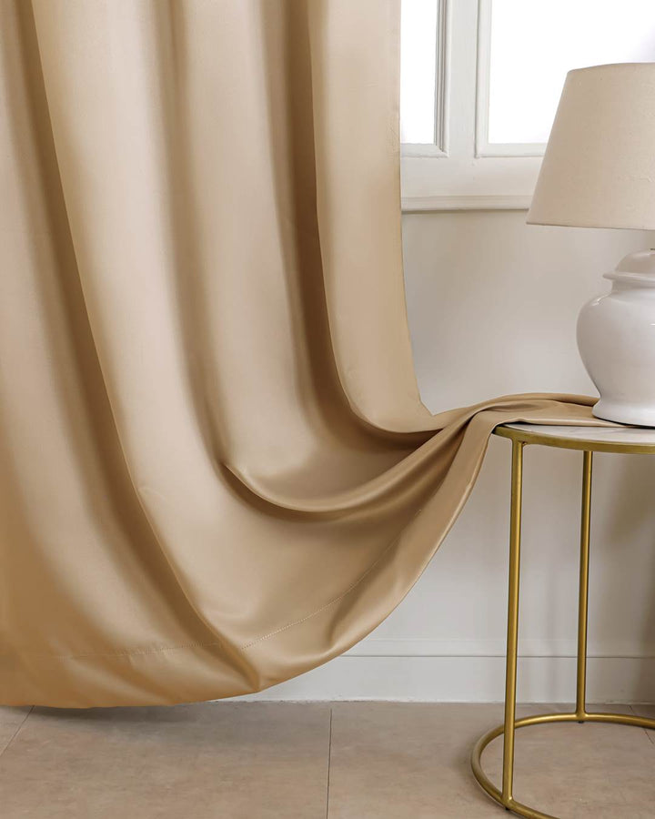 Blackout Curtains 7 Feet Set Of 2 | Room Darkening & Noise Reduction Curtains With Eyelits & Tiebacks | Golden Beige