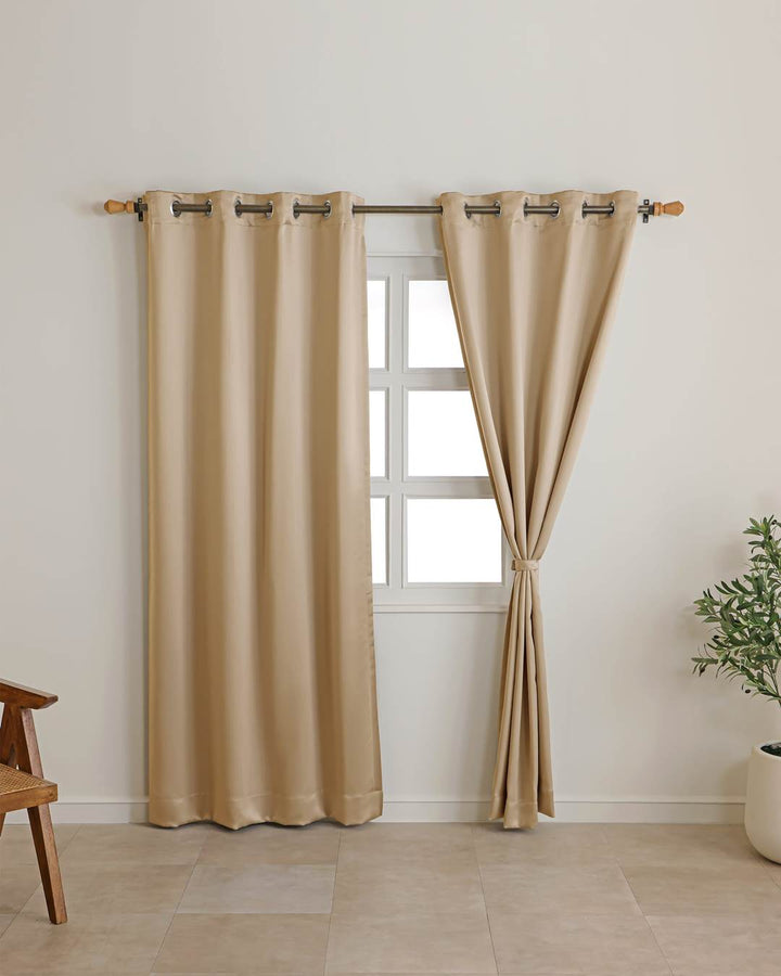Smooth champagne taupe finish on 9 feet blackout curtain fabric