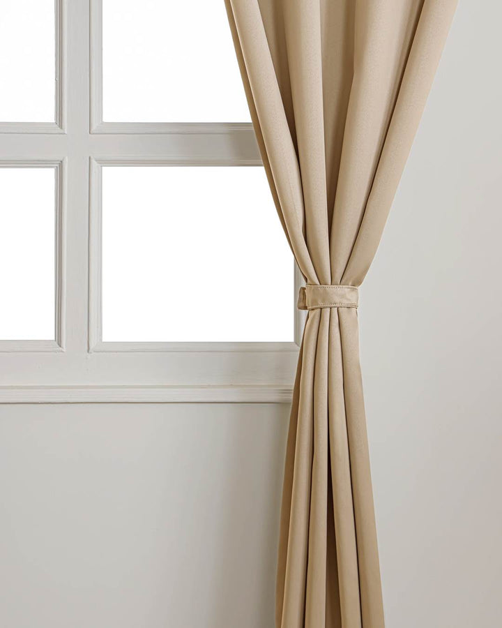 Blackout Curtains 7 Feet Set Of 2 | Room Darkening & Noise Reduction Curtains With Eyelits & Tiebacks | Golden Beige