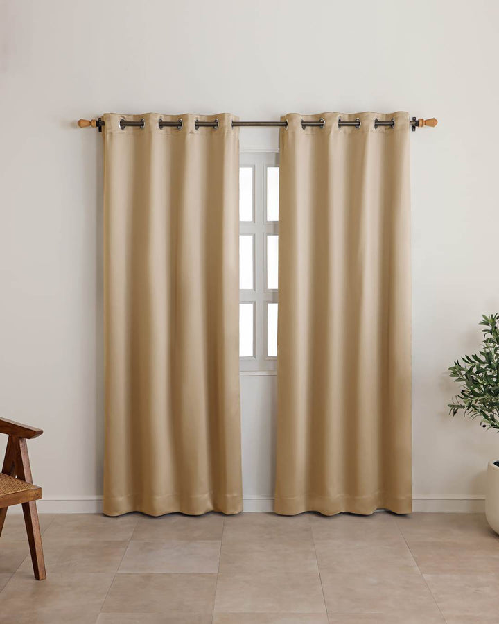 Blackout Curtains 7 Feet Set Of 2 | Room Darkening & Noise Reduction Curtains With Eyelits & Tiebacks | Golden Beige