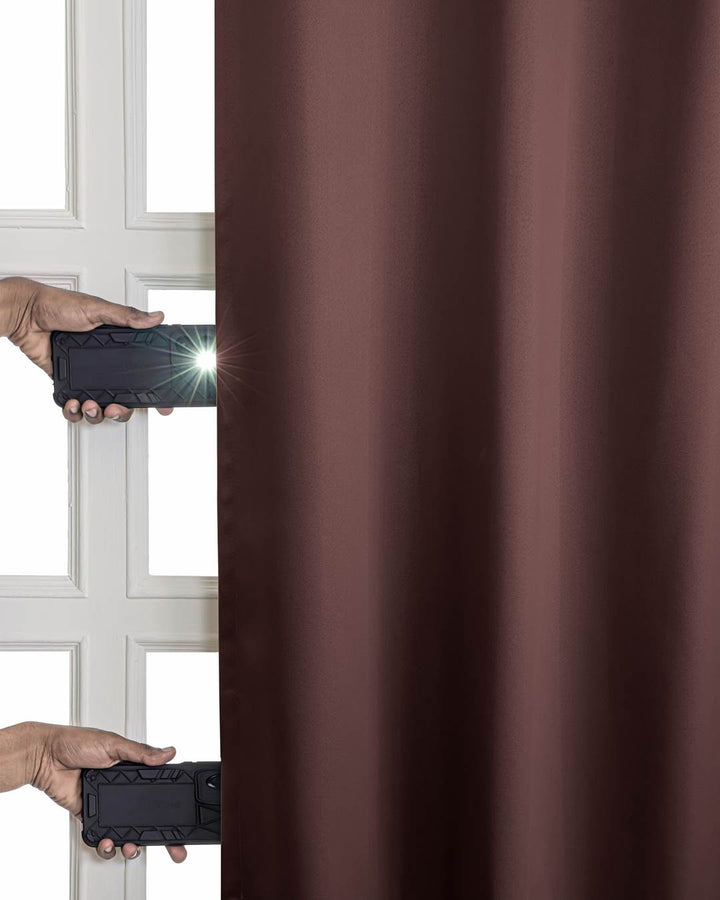 Eyelets and tieback accessories on 9 feet dark cocoa blackout curtains