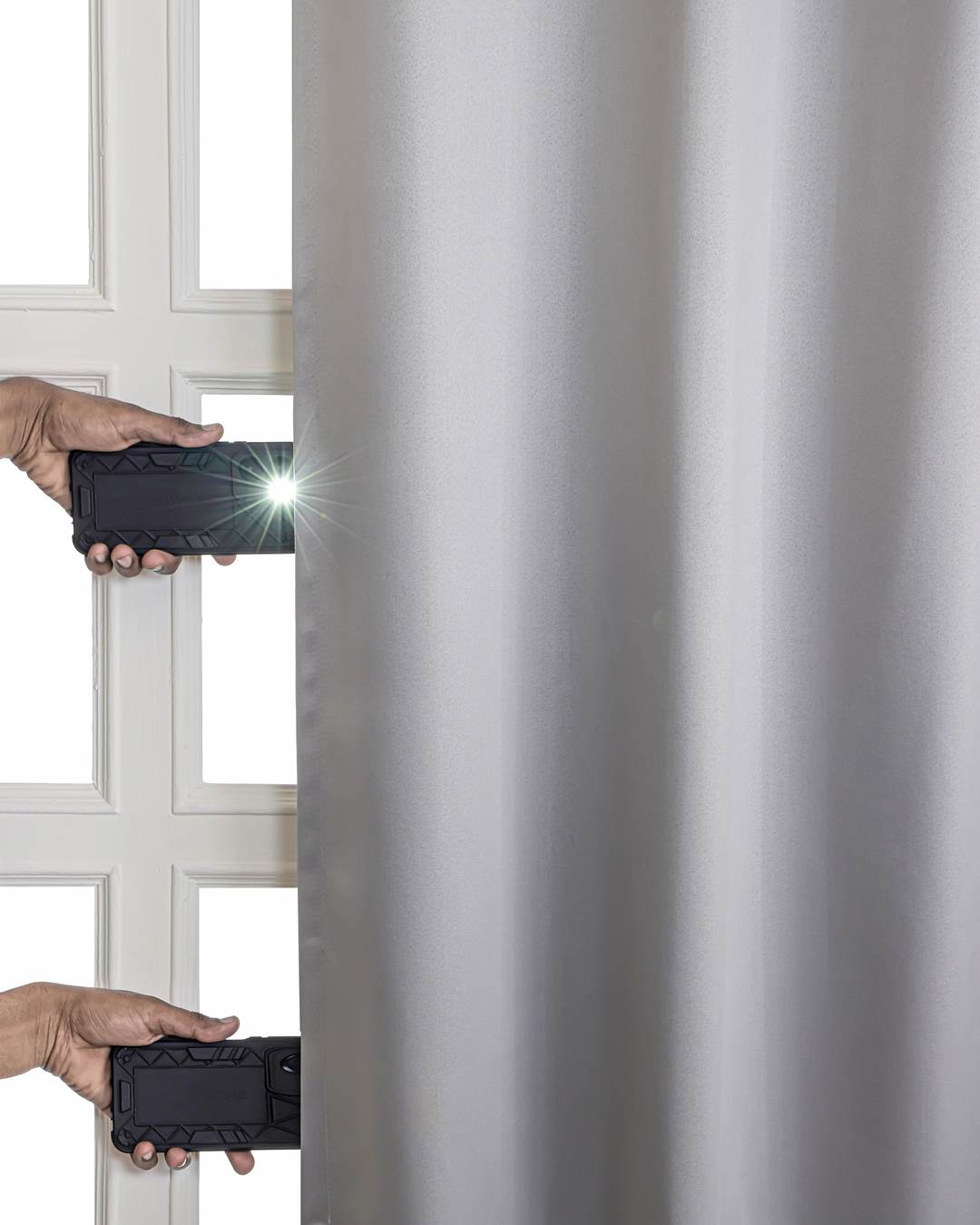 Header eyelets and tiebacks on 9 feet pearl grey blackout curtains