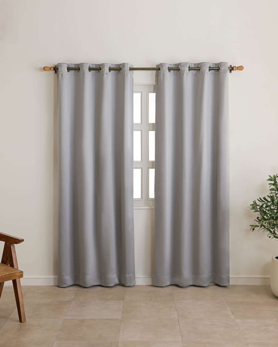 Set of 2, 9 feet pearl grey blackout curtains full length shot